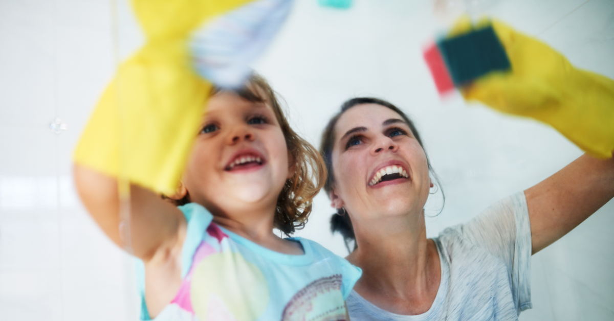 Mom and daughter doing chores together